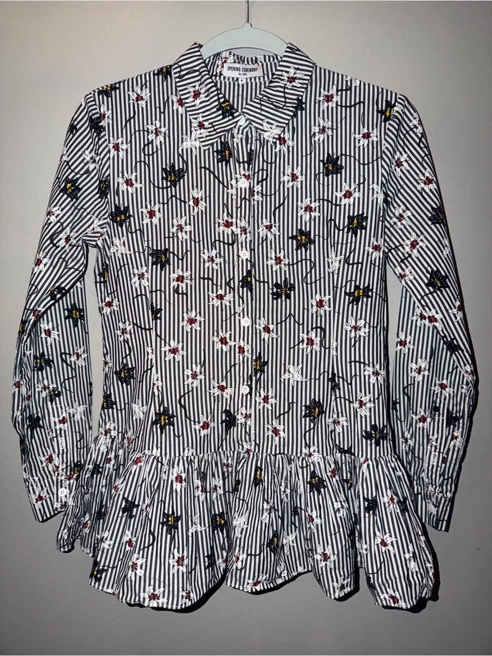 Opening Ceremony 100% cotton Black & White Striped Floral Button-Down Peplum
